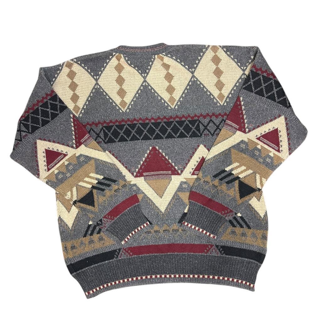 Vintage 90's Pullover Sweater Tribal Checker Knit Grandpa Dad Red Gray Large - Picture 6 of 6